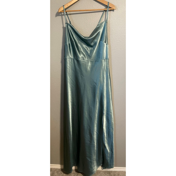 Birdy Grey Dress Womens 1X Teal Blue Satin Maxi Gown Cowl Neck Formal Curve READ - Picture 1 of 11